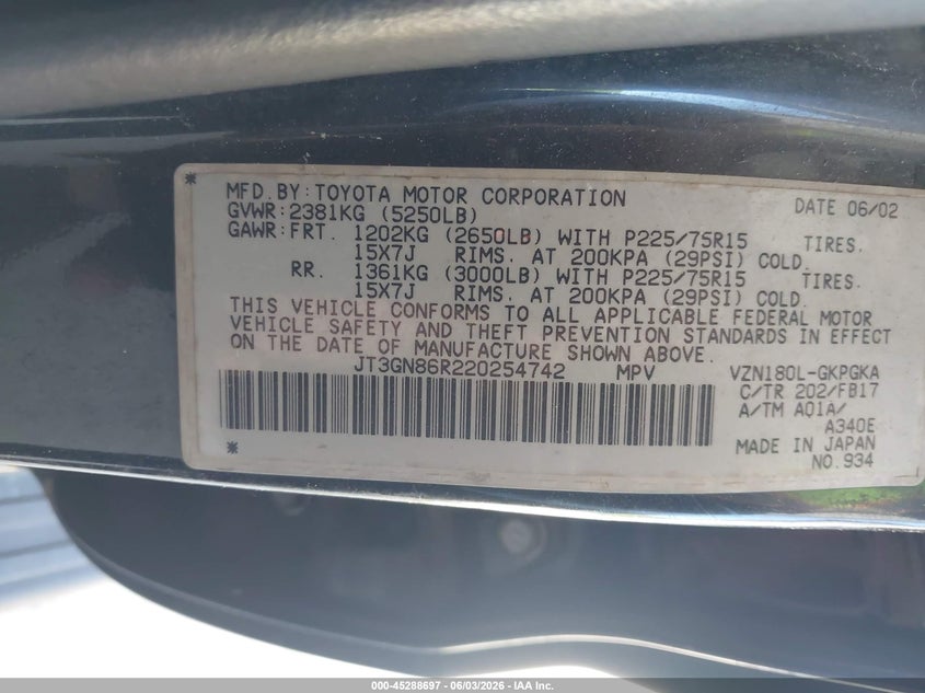 2002 Toyota 4runner VIN JT3GN86R220254742 IAAI salvage auction — NORMAL WEAR, Clear (Tennessee), sold $1,550 on 2026-07-27 (photo 9)