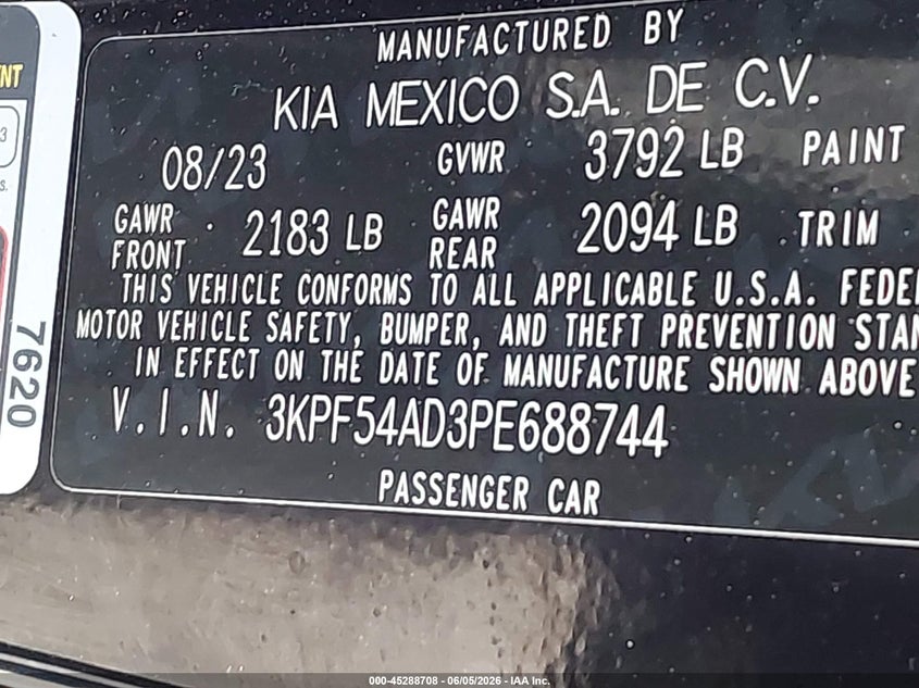2023 Kia Forte VIN 3KPF54AD3PE688744 IAAI salvage auction — HAIL, Salvage Title, sold $10,500 on 2026-07-21 (photo 9)
