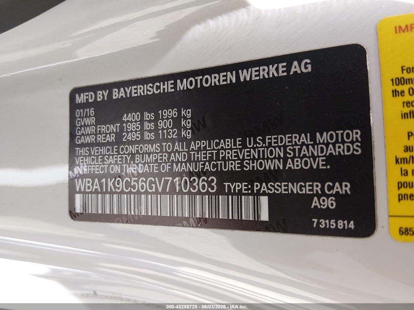 2016 BMW 2er VIN WBA1K9C56GV710363 IAAI salvage auction — FRONT END, Salvage Title, sold $2,575 on 2026-08-13 (photo 9)