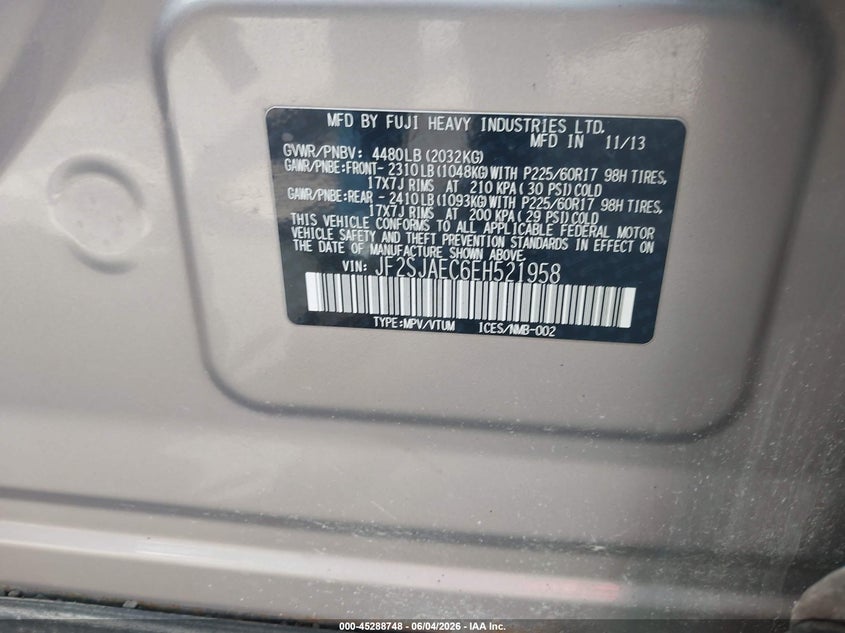 2014 Subaru Forester VIN JF2SJAEC6EH521958 IAAI salvage auction — FRONT END, Salvage Title, sold $625 on 2026-07-23 (photo 9)