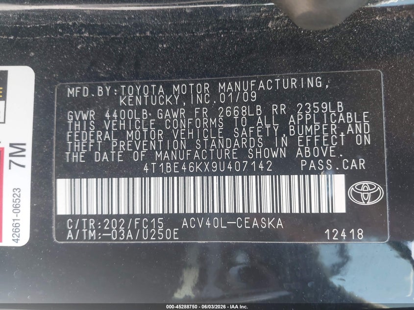 2009 Toyota Camry VIN 4T1BE46KX9U407142 IAAI salvage auction — FRONT END, Salvage (Utah), sold $375 on 2026-07-09 (photo 9)