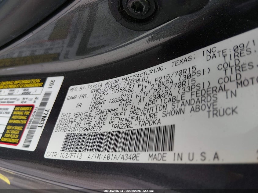 2012 Toyota Tacoma VIN 5TFNX4CN1CX008670 IAAI salvage auction — FRONT END, Salvage Title, sold $3,100 on 2026-07-15 (photo 9)