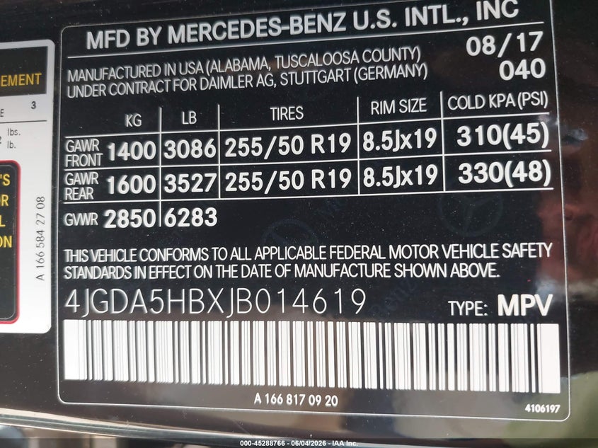 2018 Mercedes-benz Gle VIN 4JGDA5HBXJB014619 IAAI salvage auction — ENGINE DAMAGE, Salvage Title, sold $4,650 on 2026-07-19 (photo 9)