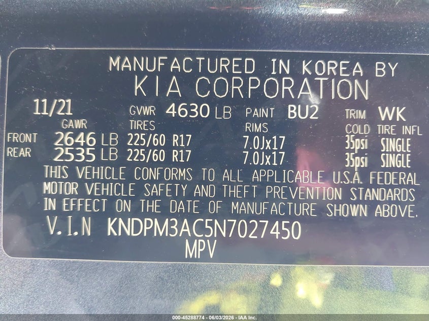 2022 Kia Sportage VIN KNDPM3AC5N7027450 IAAI salvage auction — FRONT END, Salvage Title, sold $3,750 on 2026-07-09 (photo 9)