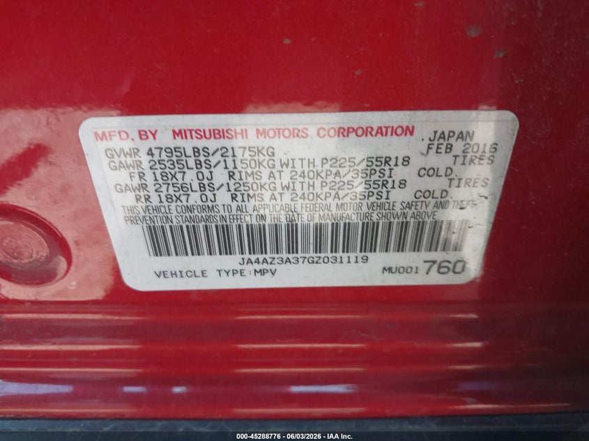 2016 Mitsubishi Outlander VIN JA4AZ3A37GZ031119 IAAI salvage auction — FRONT END, Salvage Title, sold $1,350 on 2026-07-25 (photo 9)