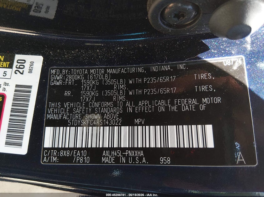 2024 Toyota Sienna VIN 5TDYSKFC4RS143022 IAAI salvage auction — HAIL, Salvage (Ohio), sold $28,550 on 2026-07-14 (photo 9)