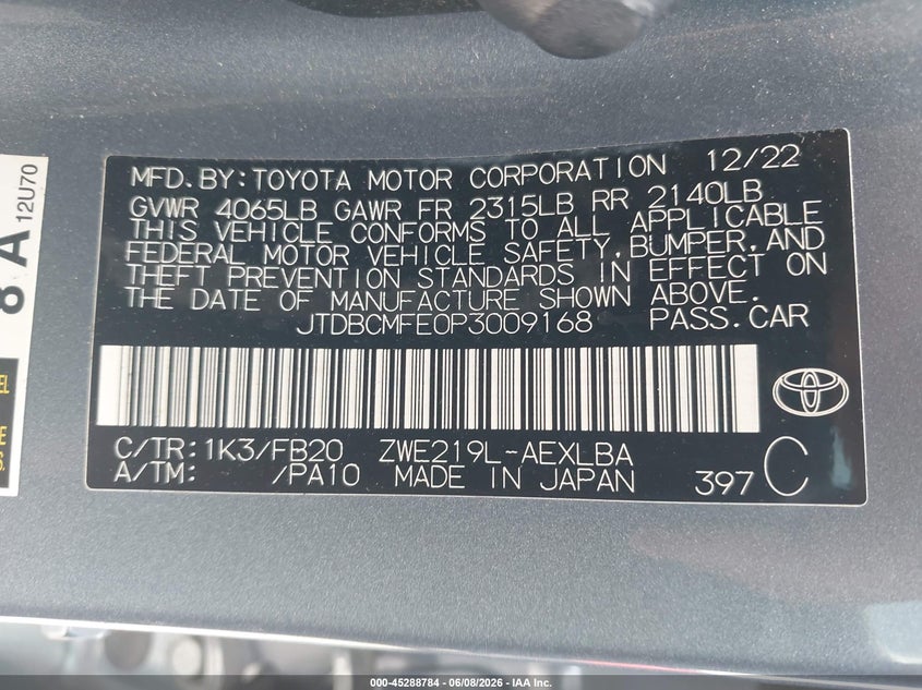 2023 Toyota Corolla VIN JTDBCMFE0P3009168 IAAI salvage auction — LEFT REAR, Salvage Title, sold $3,750 on 2026-07-23 (photo 9)