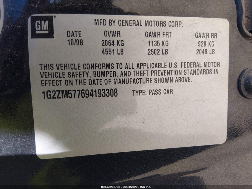 2009 Pontiac G6 VIN 1G2ZM577694193308 IAAI salvage auction — NORMAL WEAR, Clear (Missouri), sold $300 on 2026-07-28 (photo 9)