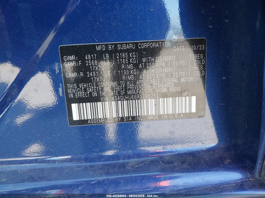 2024 Subaru Xv VIN 4S4GUHU66R3735752 IAAI salvage auction — FRONT END, Salvage Title, sold $6,900 on 2026-07-31 (photo 9)