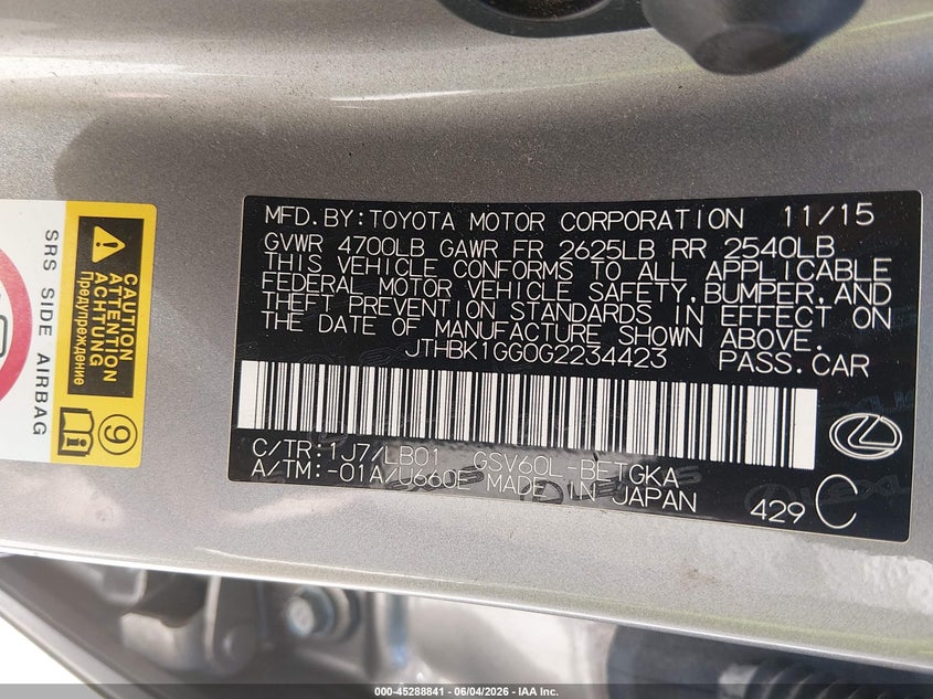 2016 Lexus ES VIN JTHBK1GG0G2234423 IAAI salvage auction — SIDE, Salvage Title, sold $5,700 on 2026-07-10 (photo 9)