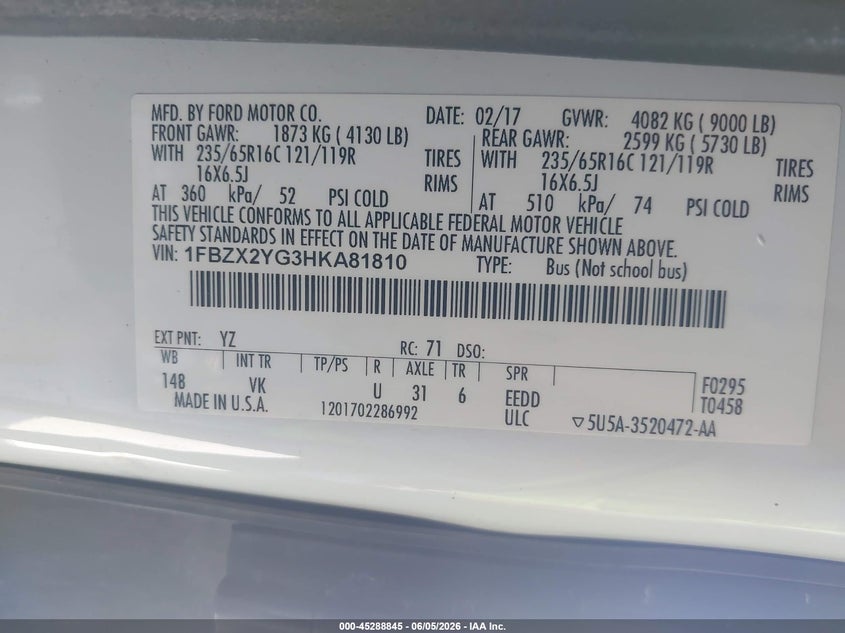 2017 Ford Transit VIN 1FBZX2YG3HKA81810 IAAI salvage auction — FRONT END, Salvage Title, sold $5,000 on 2026-07-11 (photo 9)