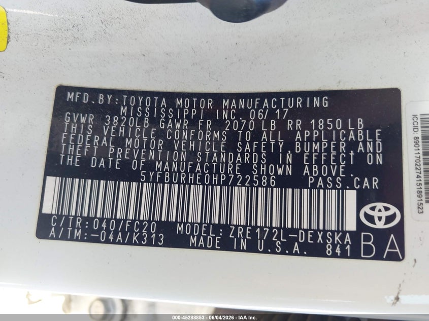 2017 Toyota Corolla VIN 5YFBURHE0HP722586 IAAI salvage auction — LEFT SIDE, Salvage Title, sold $1,450 on 2026-07-29 (photo 9)