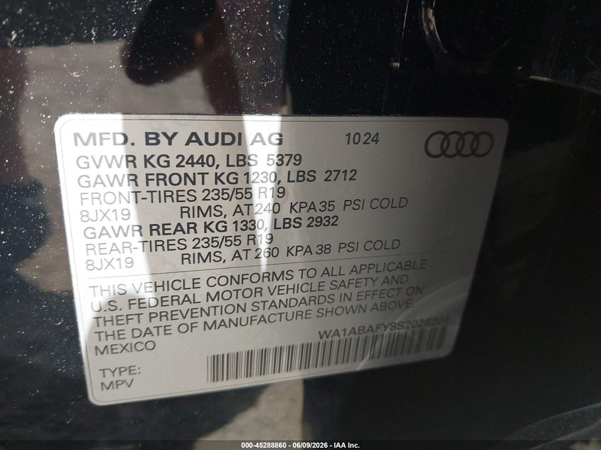 2025 Audi Q5 VIN WA1ABAFY8S2026204 IAAI salvage auction — REAR END, Salvage (Idaho), sold $10,600 on 2026-07-30 (photo 9)