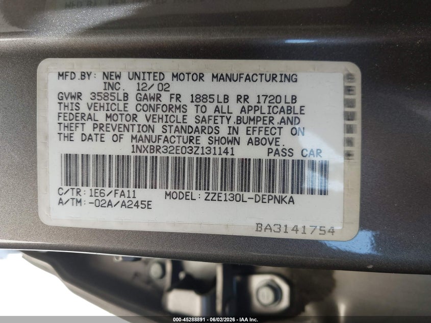 2003 Toyota Corolla VIN 1NXBR32E03Z131141 IAAI salvage auction — NORMAL WEAR, Salvage (California), sold $875 on 2026-07-09 (photo 9)