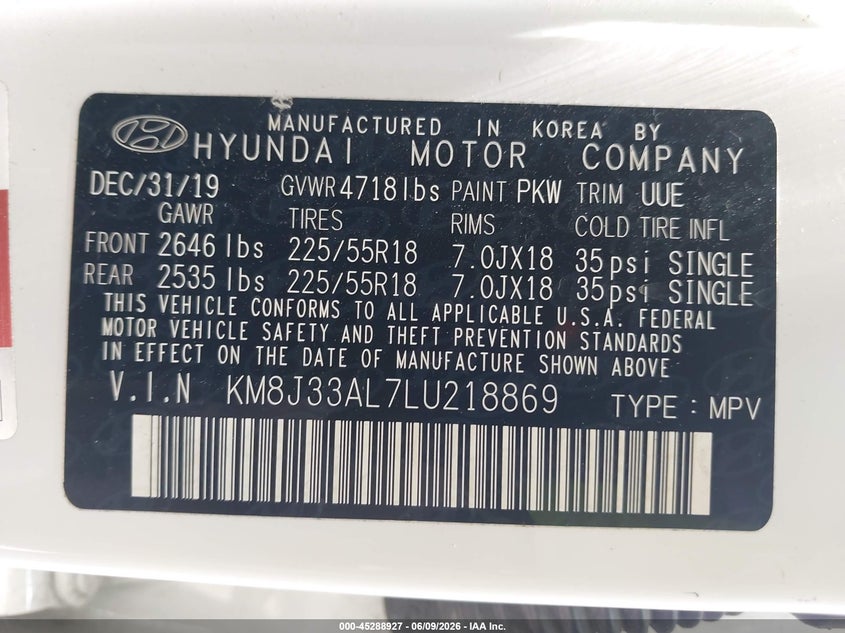 2020 Hyundai Tucson VIN KM8J33AL7LU218869 IAAI salvage auction — FRONT END, Salvage (Texas), sold $2,300 on 2026-07-29 (photo 9)
