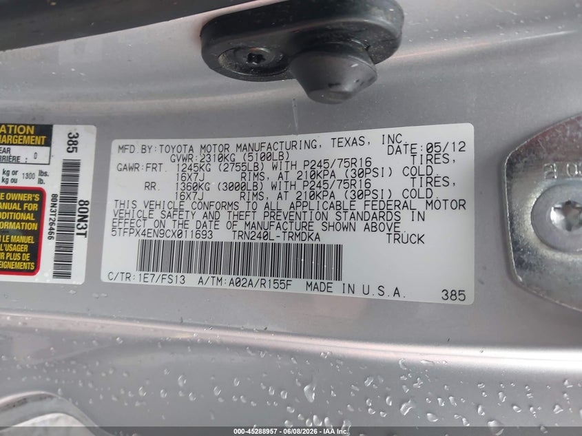 2012 Toyota Tacoma VIN 5TFPX4EN9CX011693 IAAI salvage auction — FRONT END, Salvage (Oregon), sold $1,550 on 2026-07-31 (photo 9)