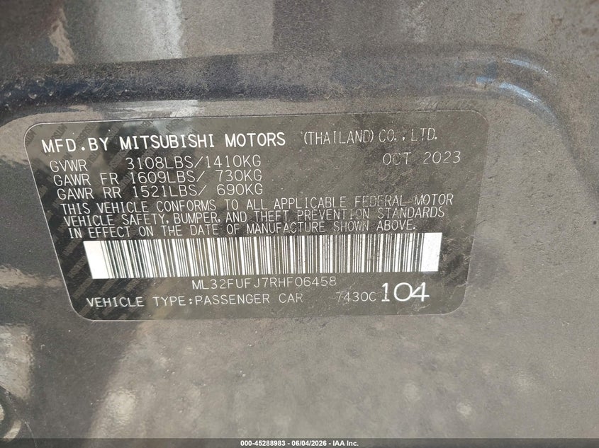 2024 Mitsubishi Mirage VIN ML32FUFJ7RHF06458 IAAI salvage auction — SIDE, Salvage (Illinois), sold $1,500 on 2026-07-22 (photo 9)