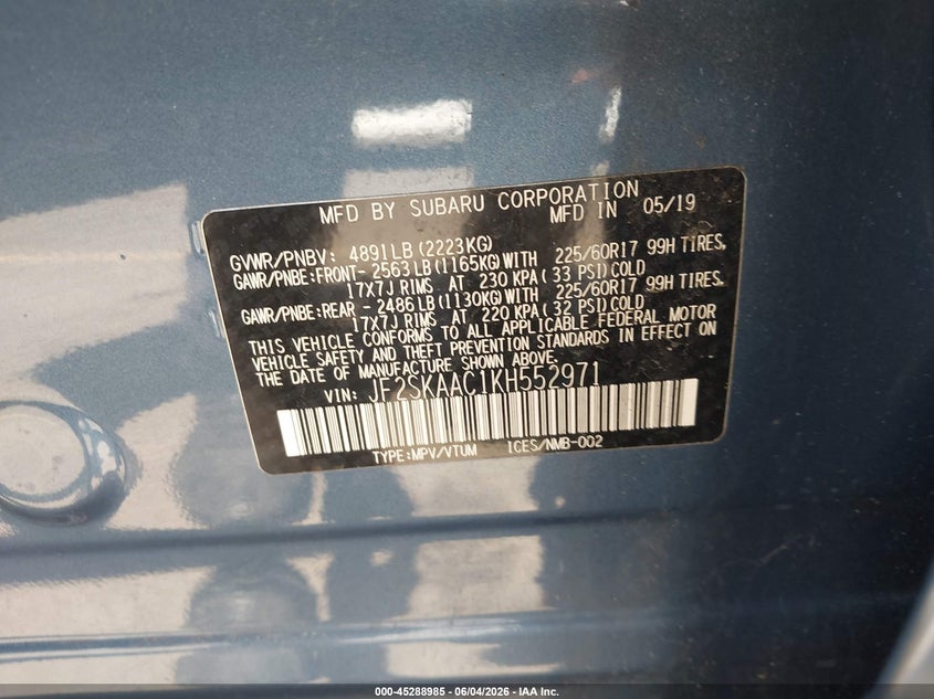 2019 Subaru Forester VIN JF2SKAAC1KH552971 IAAI salvage auction — FRONT END, Salvage Title, sold $3,200 on 2026-07-09 (photo 9)