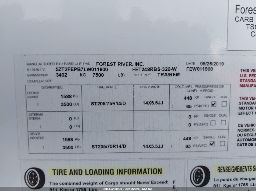 2020 Forest river freedom M-248 rbs VIN 5ZT2FEPB7LW011900 IAAI salvage auction — SIDE, Bill Of Sale (Washington), sold $5,100 on 2026-07-08 (photo 9)