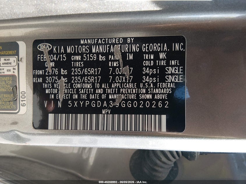 2016 Kia Sorento VIN 5XYPGDA39GG020262 IAAI salvage auction — ROLLOVER, Salvage (Pennsylvania), sold $50 on 2026-07-29 (photo 9)