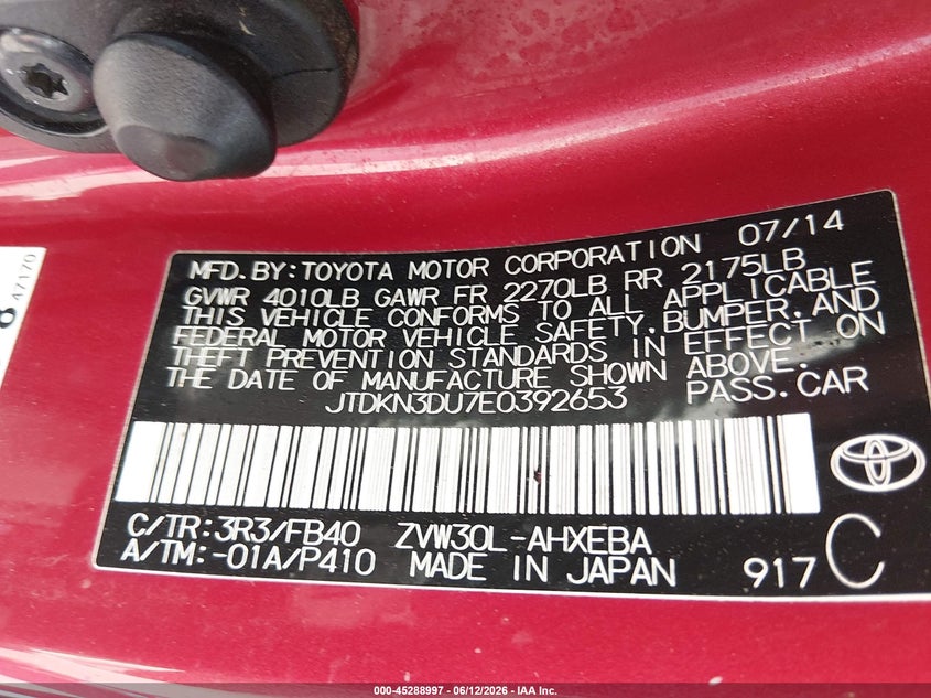 2014 Toyota Prius VIN JTDKN3DU7E0392653 IAAI salvage auction — FRONT END, Salvage (Ohio), sold $1,350 on 2026-07-28 (photo 9)