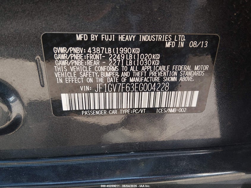 2014 Subaru Impreza wrx VIN JF1GV7F63EG004228 IAAI salvage auction — RIGHT REAR, Salvage Title, sold $2,850 on 2026-07-28 (photo 9)