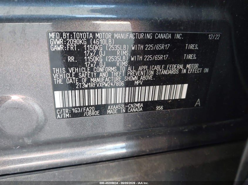 2023 Toyota Rav 4 VIN 2T3W1RFVXPW247806 IAAI salvage auction — FRONT END, Salvage Title, sold $8,700 on 2026-07-29 (photo 9)