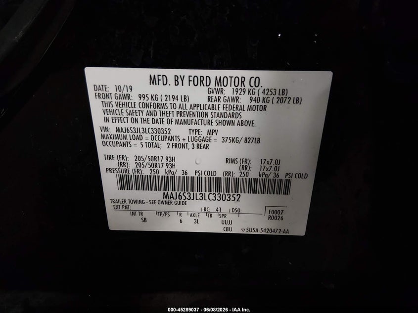 2020 Ford Ecosport VIN MAJ6S3JL3LC330352 IAAI salvage auction — FRONT END, Salvage Title, sold $2,250 on 2026-07-18 (photo 9)