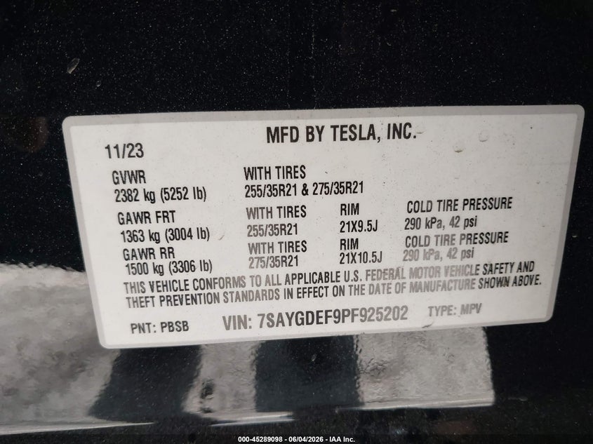 2023 Tesla Model y VIN 7SAYGDEF9PF925202 IAAI salvage auction — REAR END, Salvage Title, sold $16,500 on 2026-07-27 (photo 9)