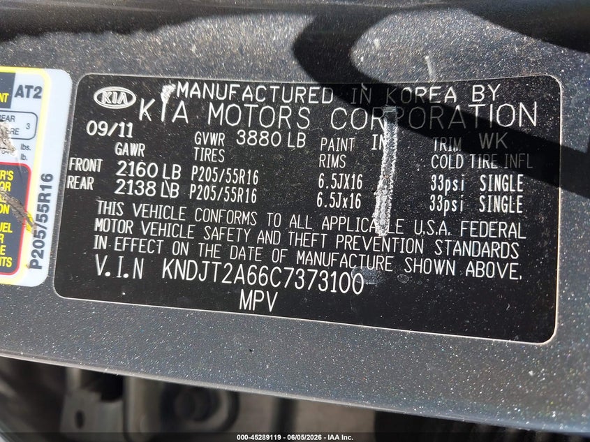 2012 Kia Soul VIN KNDJT2A66C7373100 IAAI salvage auction — NORMAL WEAR, Clear (Georgia), sold $250 on 2026-07-14 (photo 9)