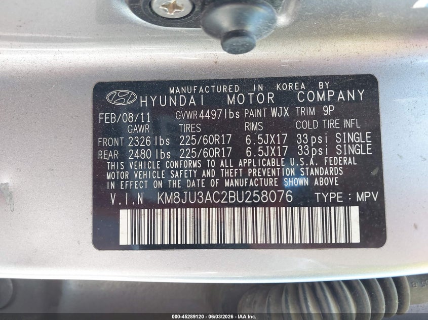 2011 Hyundai Tucson VIN KM8JU3AC2BU258076 IAAI salvage auction — BIO HAZARD, Clear (Tennessee), sold $375 on 2026-07-09 (photo 9)