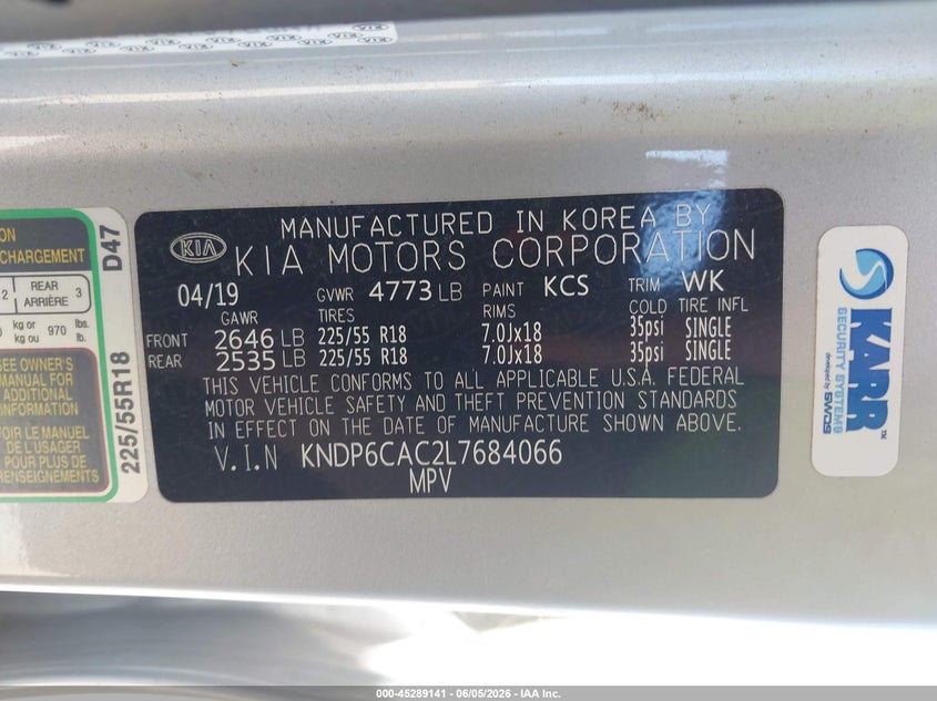 2020 Kia Sportage VIN KNDP6CAC2L7684066 IAAI salvage auction — THEFT, Salvage Title, sold $2,675 on 2026-07-15 (photo 9)