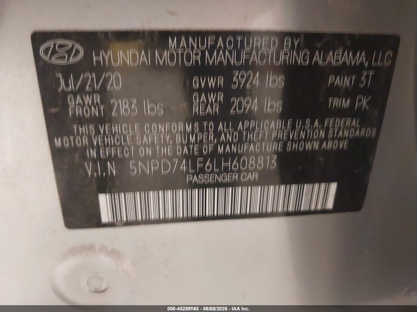 2020 Hyundai Elantra VIN 5NPD74LF6LH608813 IAAI salvage auction — NORMAL WEAR, SF97 (South Dakota), sold $8,250 on 2026-07-09 (photo 9)