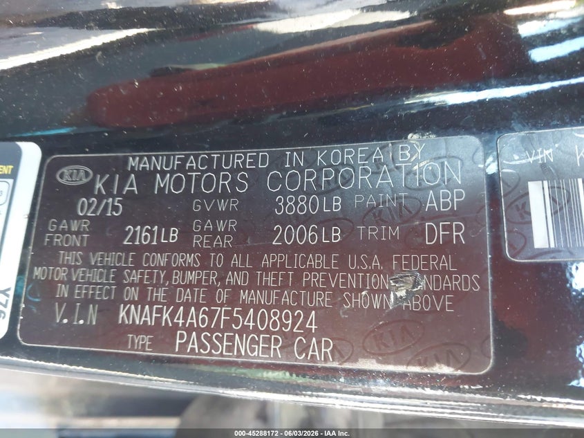 2015 Kia Forte VIN KNAFK4A67F5408924 IAAI salvage auction — FRONT END, Salvage Title, sold $225 on 2026-07-15 (photo 9)
