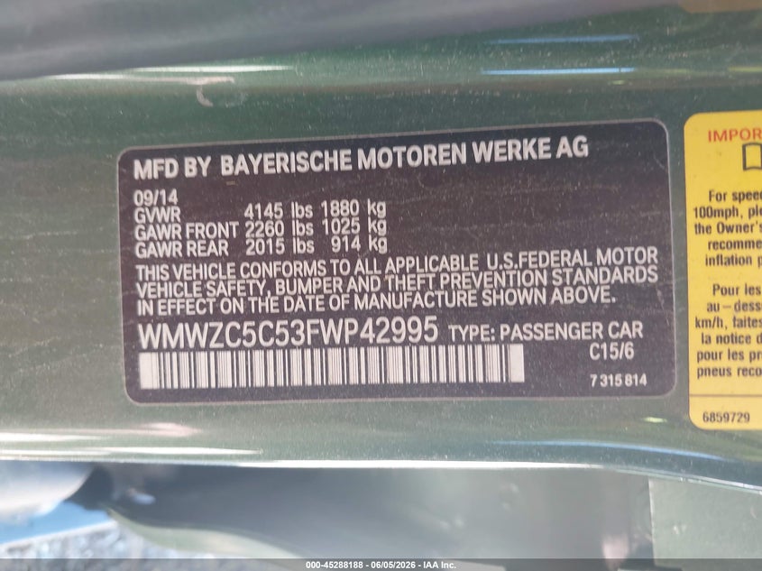2015 Mini Countryman VIN WMWZC5C53FWP42995 IAAI salvage auction — NORMAL WEAR, Clear (Alabama), sold $650 on 2026-07-21 (photo 9)