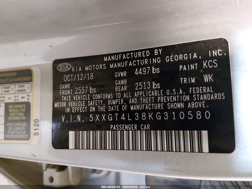 2019 Kia Optima VIN 5XXGT4L38KG310580 IAAI salvage auction — HAIL, Salvage Title, sold $2,350 on 2026-07-30 (photo 9)