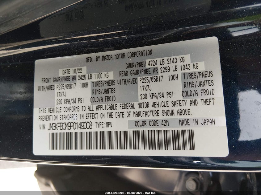 2023 Mazda Cx-5 VIN JM3KFBCM9P0149008 IAAI salvage auction — LEFT FRONT, Original (Texas), sold $11,525 on 2026-07-31 (photo 9)