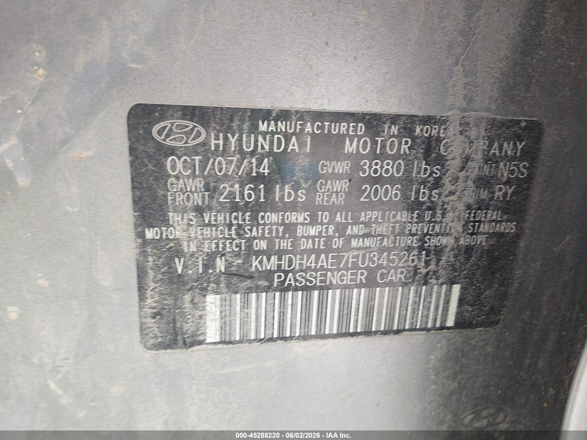 2015 Hyundai Elantra VIN KMHDH4AE7FU345261 IAAI salvage auction — REPOSSESSION, Salvage Title, sold $675 on 2026-07-10 (photo 9)