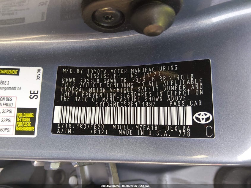 2024 Toyota Corolla VIN 5YFB4MDE5RP111897 IAAI salvage auction — FRONT END, Salvage Title, sold $3,450 on 2026-07-30 (photo 9)