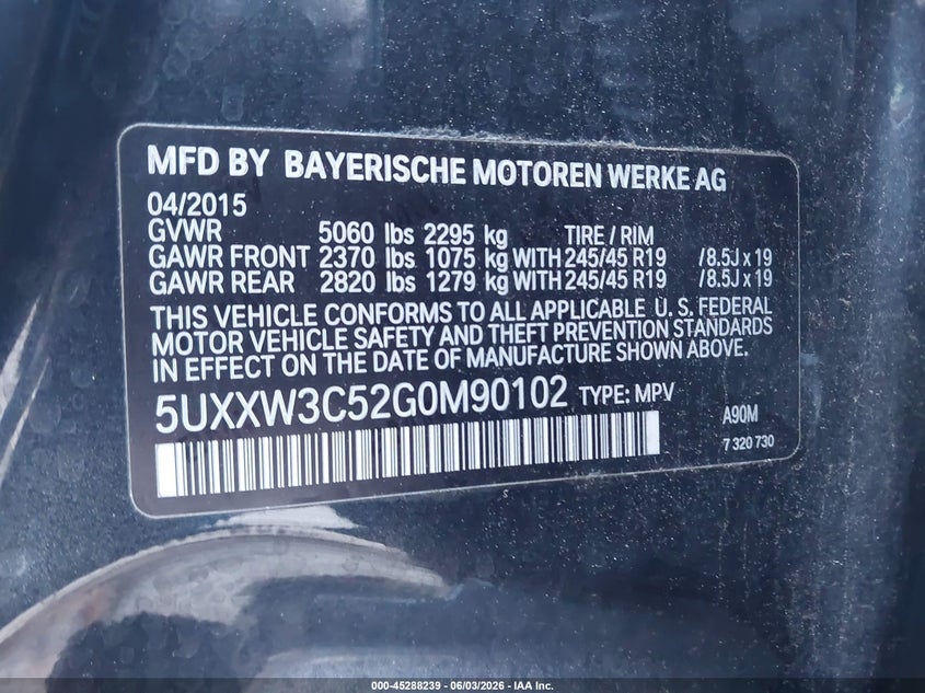2016 BMW X4 VIN 5UXXW3C52G0M90102 IAAI salvage auction — FRONT END, Salvage Title, sold $4,500 on 2026-07-13 (photo 9)
