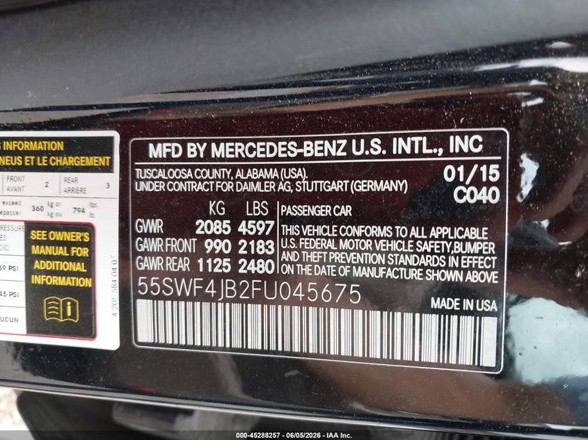 2015 Mercedes-benz C-klasse VIN 55SWF4JB2FU045675 IAAI salvage auction — NORMAL WEAR, Salvage Title, sold $2,200 on 2026-07-22 (photo 9)