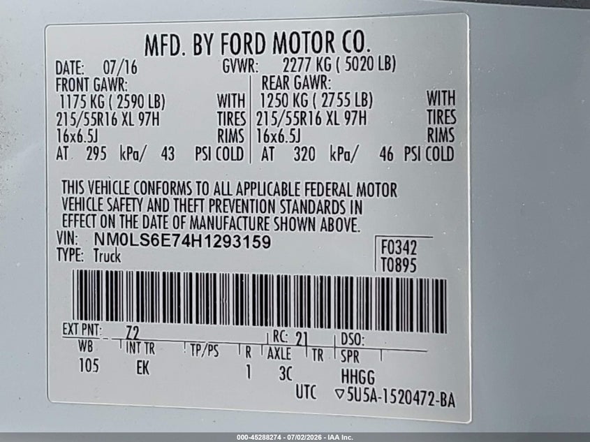 2017 Ford Transit VIN NM0LS6E74H1293159 IAAI salvage auction — FRONT & REAR, Clear (Kansas), sold $800 on 2026-07-29 (photo 9)