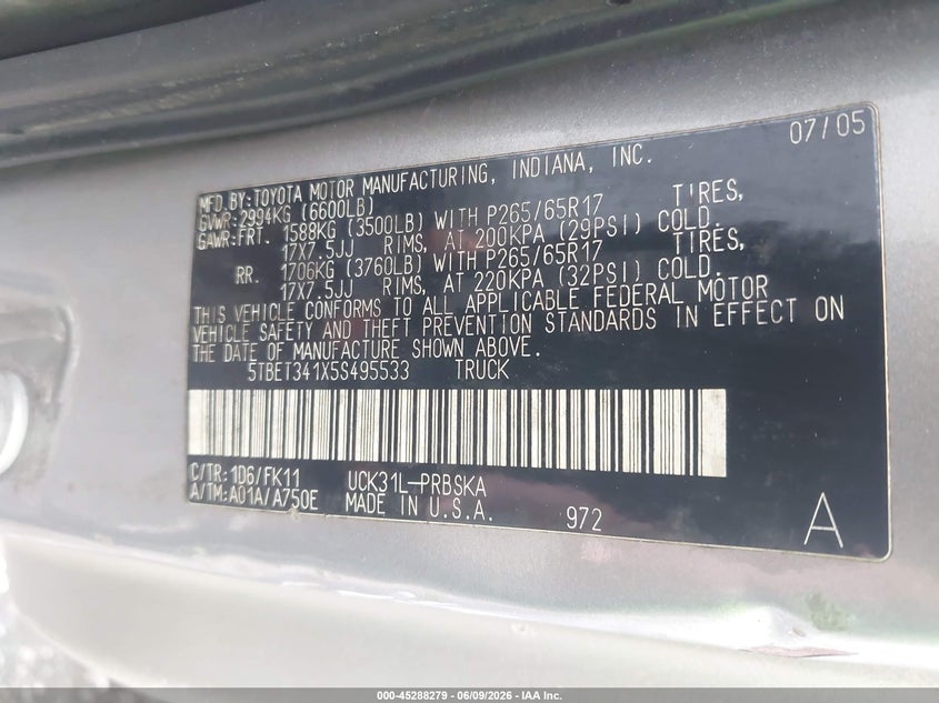 2005 Toyota Tundra VIN 5TBET341X5S495533 IAAI salvage auction — FRONT END, Salvage (Idaho), sold $1,550 on 2026-07-11 (photo 9)