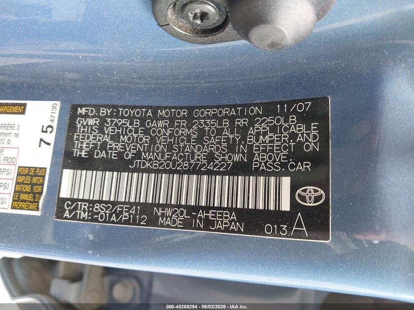 2008 Toyota Prius VIN JTDKB20U287724227 IAAI salvage auction — NORMAL WEAR, Clear (Washington), sold $500 on 2026-07-14 (photo 9)