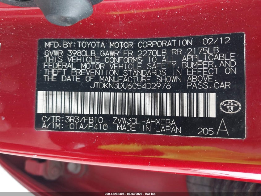 2012 Toyota Prius VIN JTDKN3DU6C5402976 IAAI salvage auction — SIDE, Salvage Title, sold $1,550 on 2026-07-30 (photo 9)
