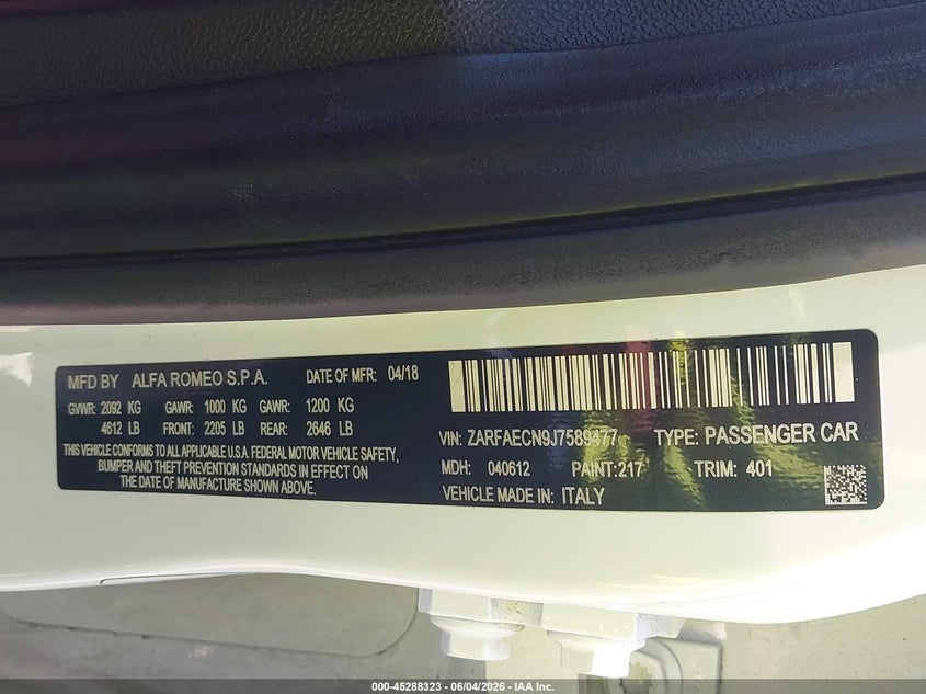 2018 Alfa romeo Giulia VIN ZARFAECN9J7589477 IAAI salvage auction — FRONT END, Salvage (South Carolina), sold $3,000 on 2026-08-20 (photo 9)
