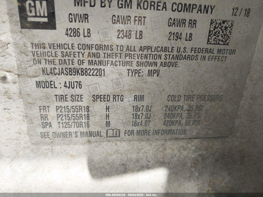 2019 Buick Encore VIN KL4CJASB9KB822201 IAAI salvage auction — RIGHT SIDE, Salvage Title, sold $250 on 2026-07-23 (photo 9)