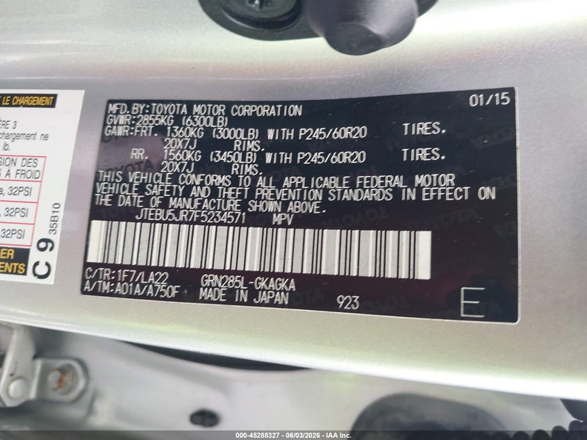 2015 Toyota 4runner VIN JTEBU5JR7F5234571 IAAI salvage auction — FRONT END, Salvage Title, sold $10,750 on 2026-07-09 (photo 9)