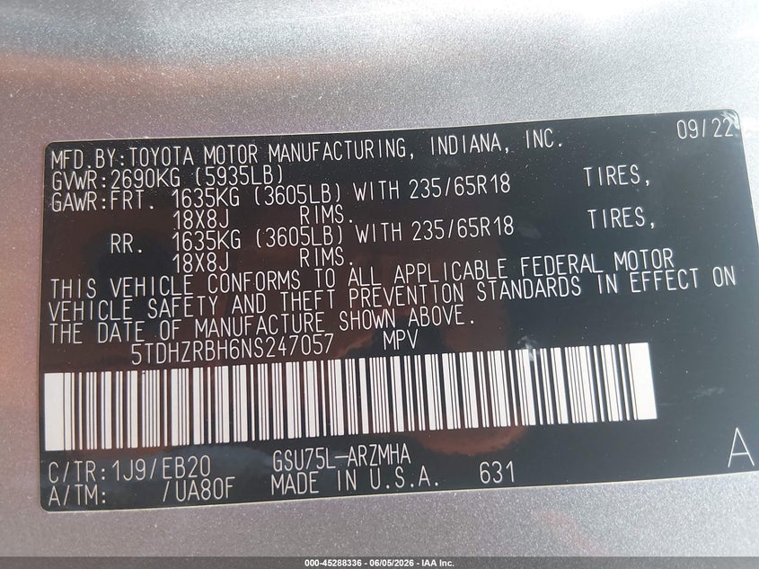 2022 Toyota Highlander VIN 5TDHZRBH6NS247057 IAAI salvage auction — FRONT END, Salvage Title, sold $17,400 on 2026-07-15 (photo 9)