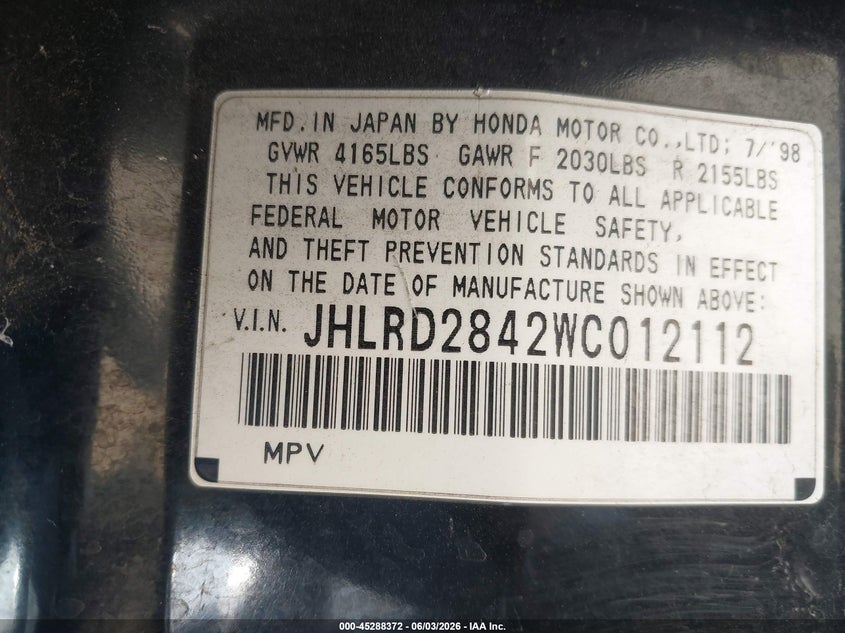 1998 Honda Cr-v VIN JHLRD2842WC012112 IAAI salvage auction — UNKNOWN, Salvage Title - Dealer (California), sold $425 on 2026-07-15 (photo 9)